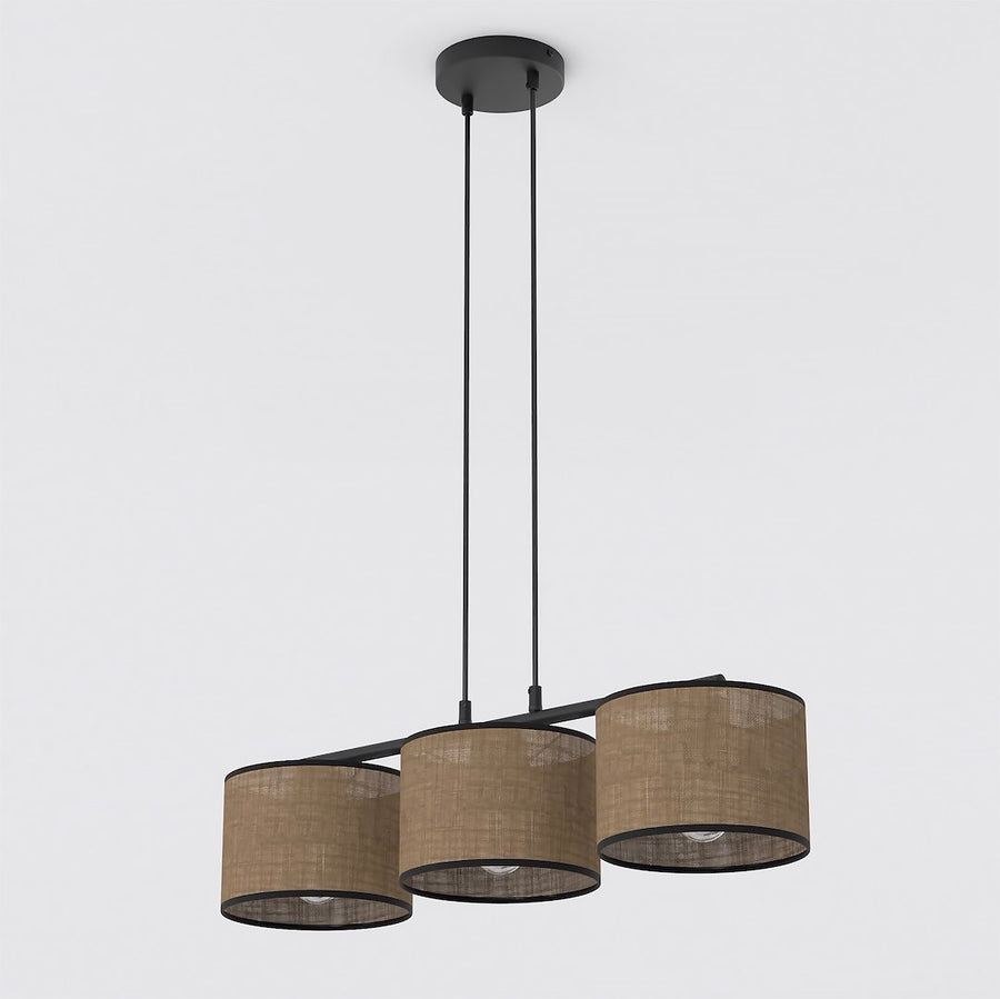 Suspension trois abat-jours cylindriques en tissu marron bordés de noir, vue de face