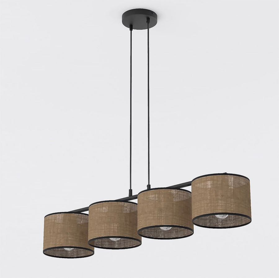 Suspension quatre abat-jours cylindriques en tissu beige, vue de face sur fond blanc