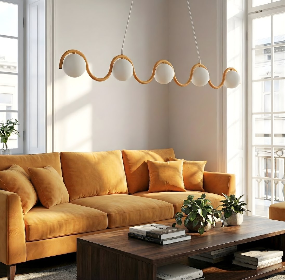 Suspension allumée au-dessus d'un canapé orange dans un salon lumineux avec grandes fenêtres.