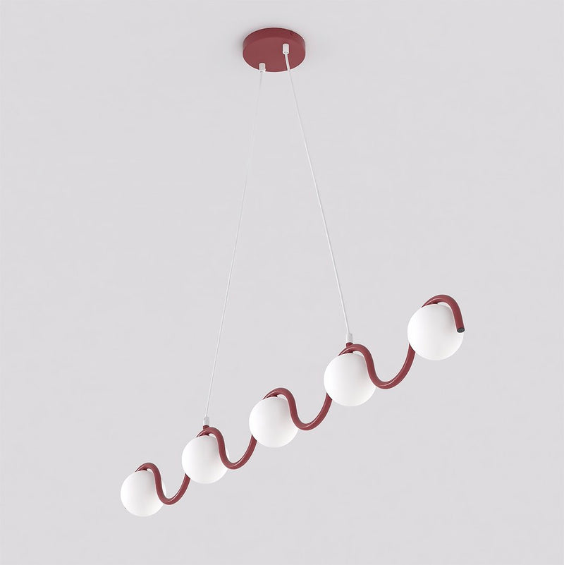 Suspension Sinus 5 lumières bordeaux, verre blanc
