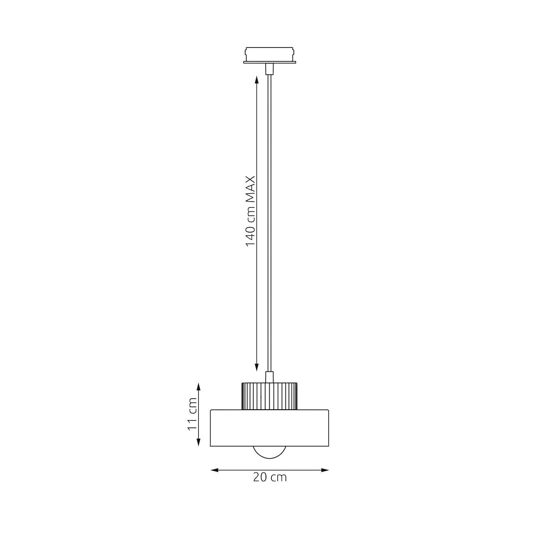Schéma coté du luminaire : hauteur 11 cm, diamètre 20 cm, câble réglable à 140 cm