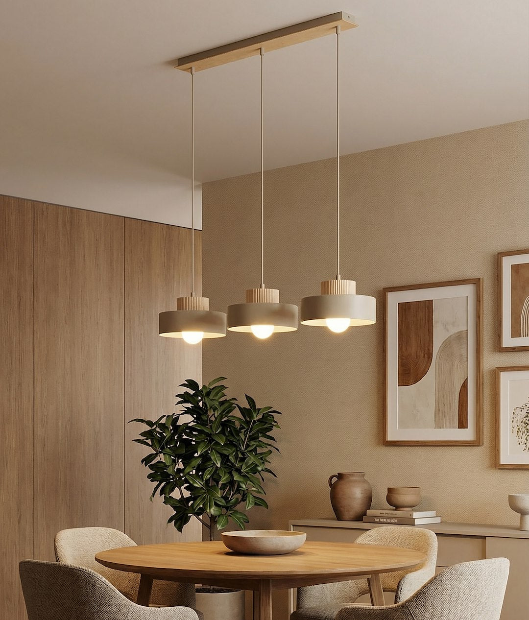 Suspension Kivi 3 lumières beige, bois