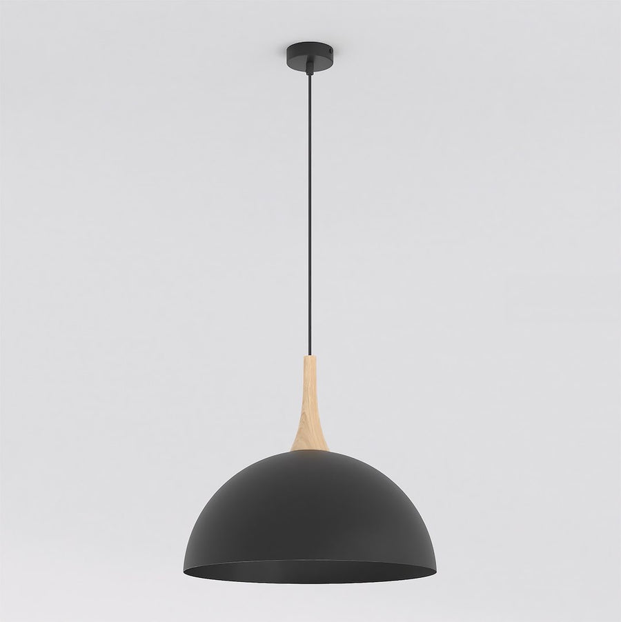 Suspension vue de face sur fond gris clair, abat-jour dôme noir et col en bois clair