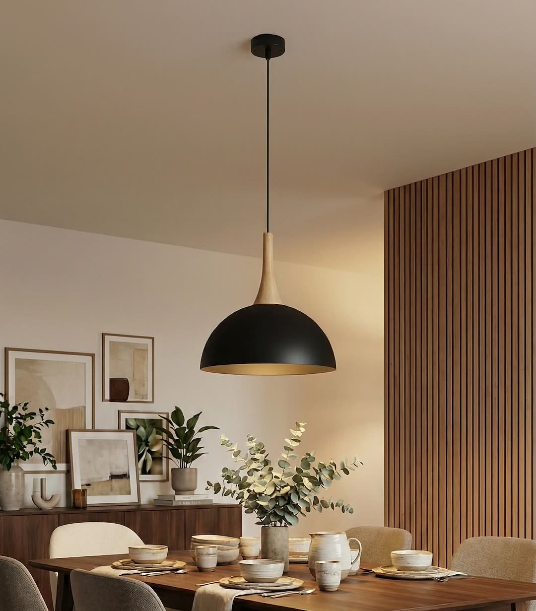 Mise en ambiance au-dessus d'une table de salle à manger, mur lambrissé de bois