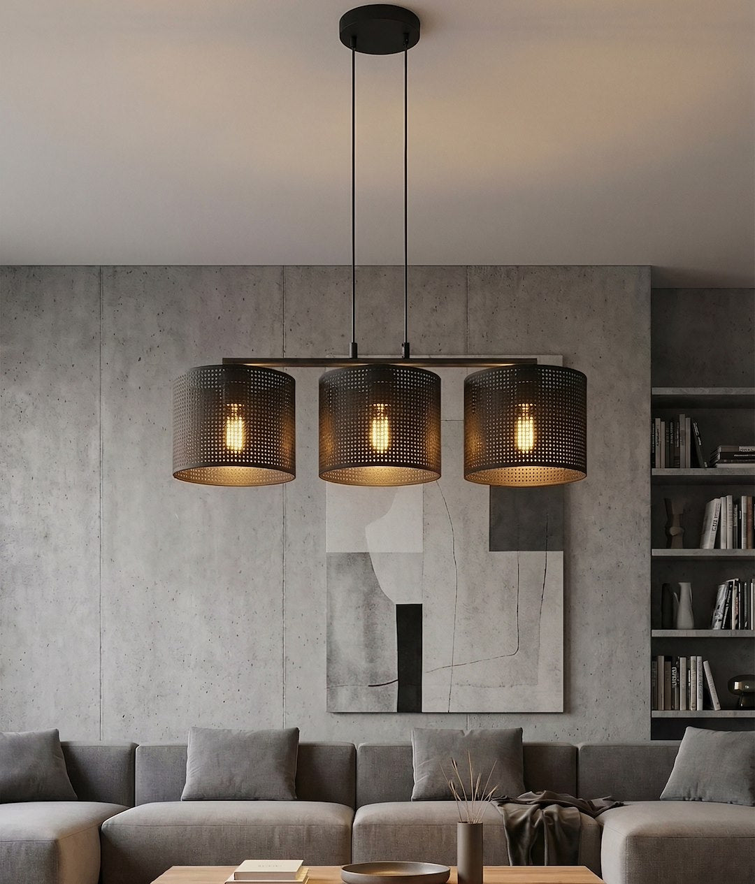 Suspension Lux 3 lumières noire, tissu noir, H 20 cm
