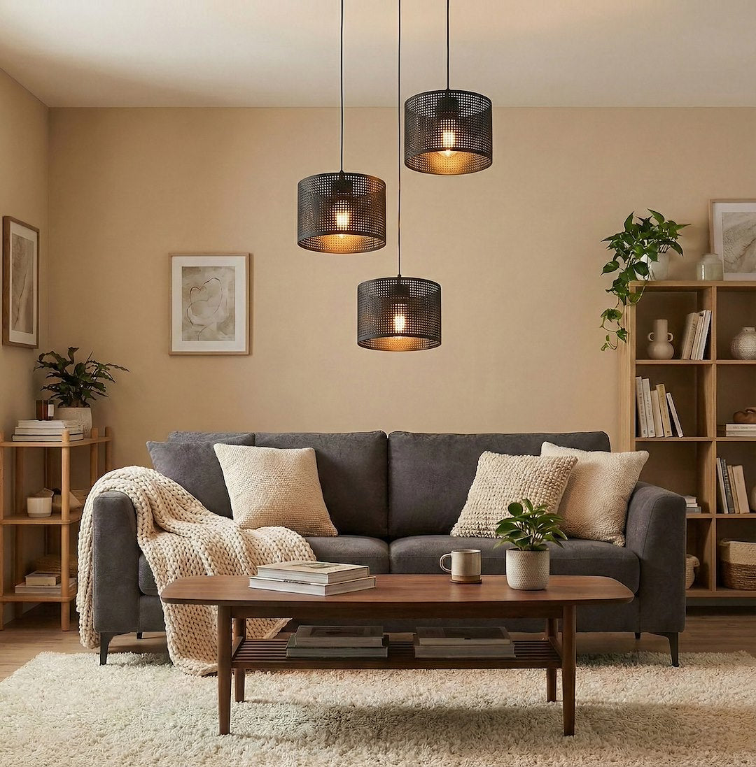 Mise en ambiance d'un salon beige avec canapé gris et suspension allumée.