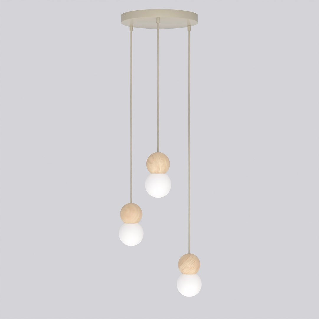 Suspension Loop 3 lumières beige, bois blanc