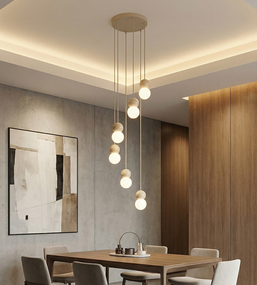 Suspension Loop 6 lumières beige, bois blanc