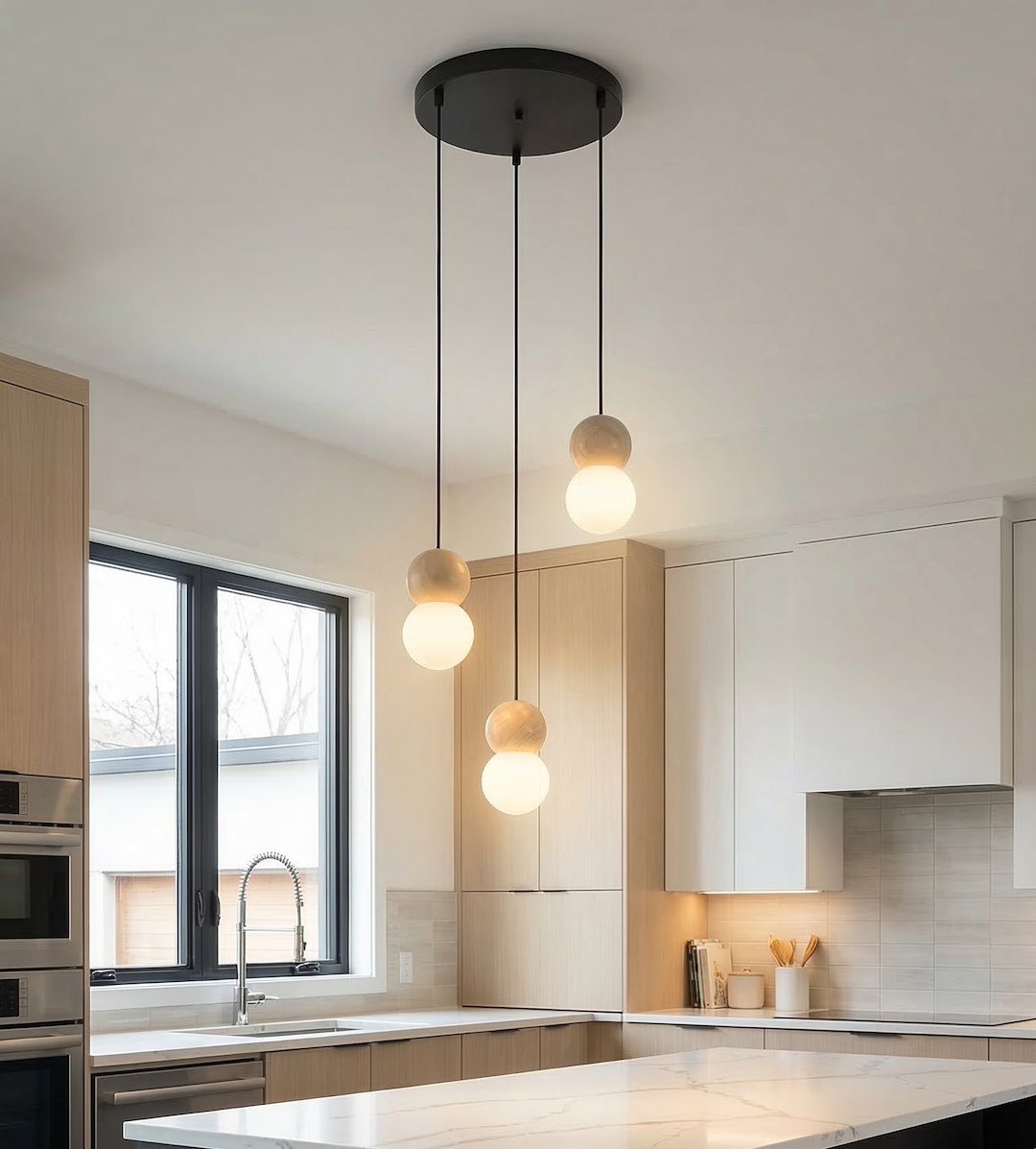 Mise en ambiance au-dessus d'un îlot de cuisine, suspension allumée, lumière chaude