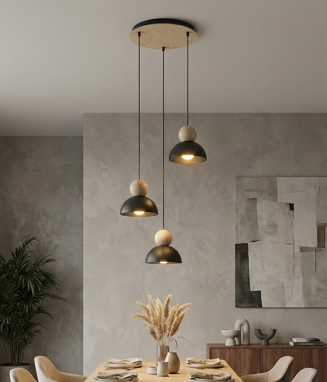 Suspension Kaki 3 lumières noire, bois, H 41 cm