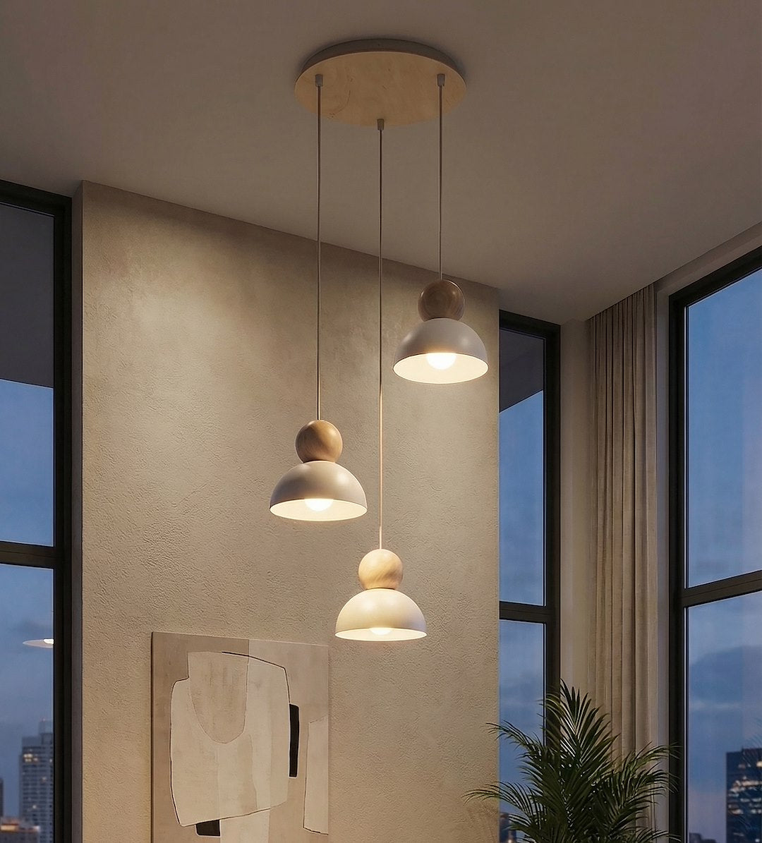 Suspension Kaki 3 lumières blanche, bois, H 41 cm