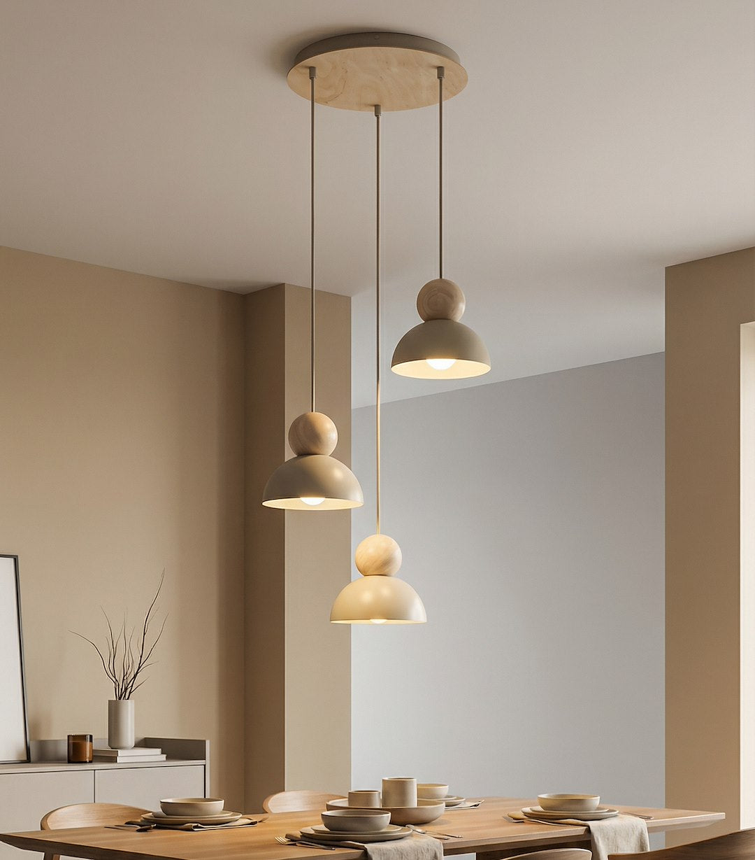 Suspension Kaki 3 lumières beige, bois, H 41 cm