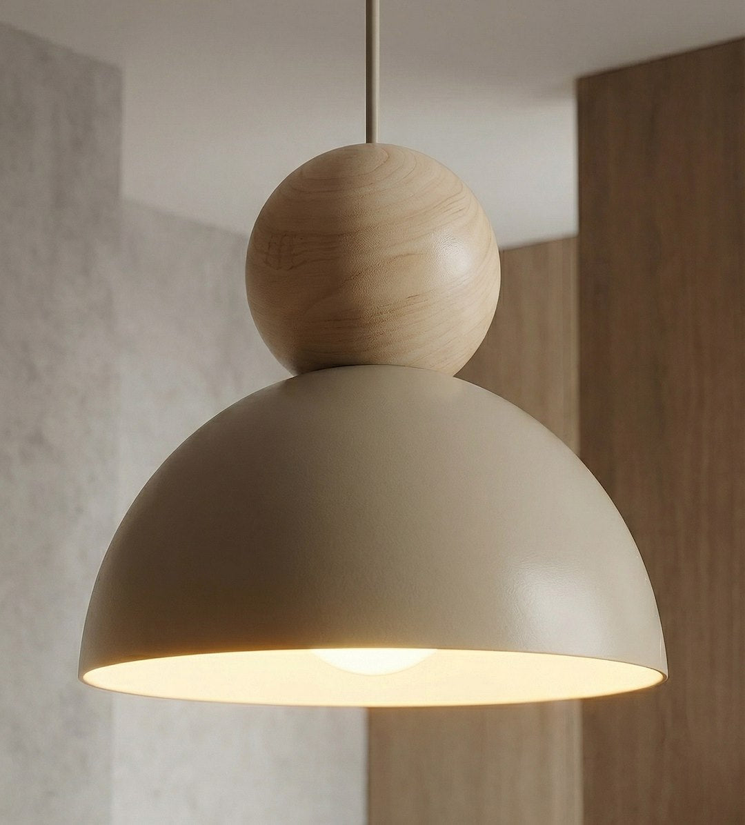 Gros plan sur l'abat-jour beige surmonté d'une boule en bois clair