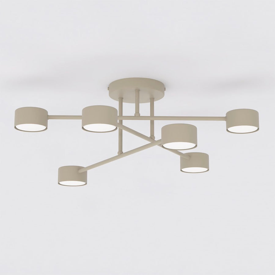 Plafonnier beige à six bras croisés vu de dessous sur fond blanc