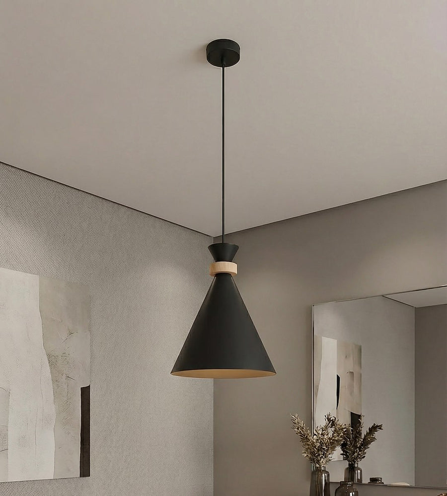 Vue en situation dans un salon, câble noir fixé au plafond blanc