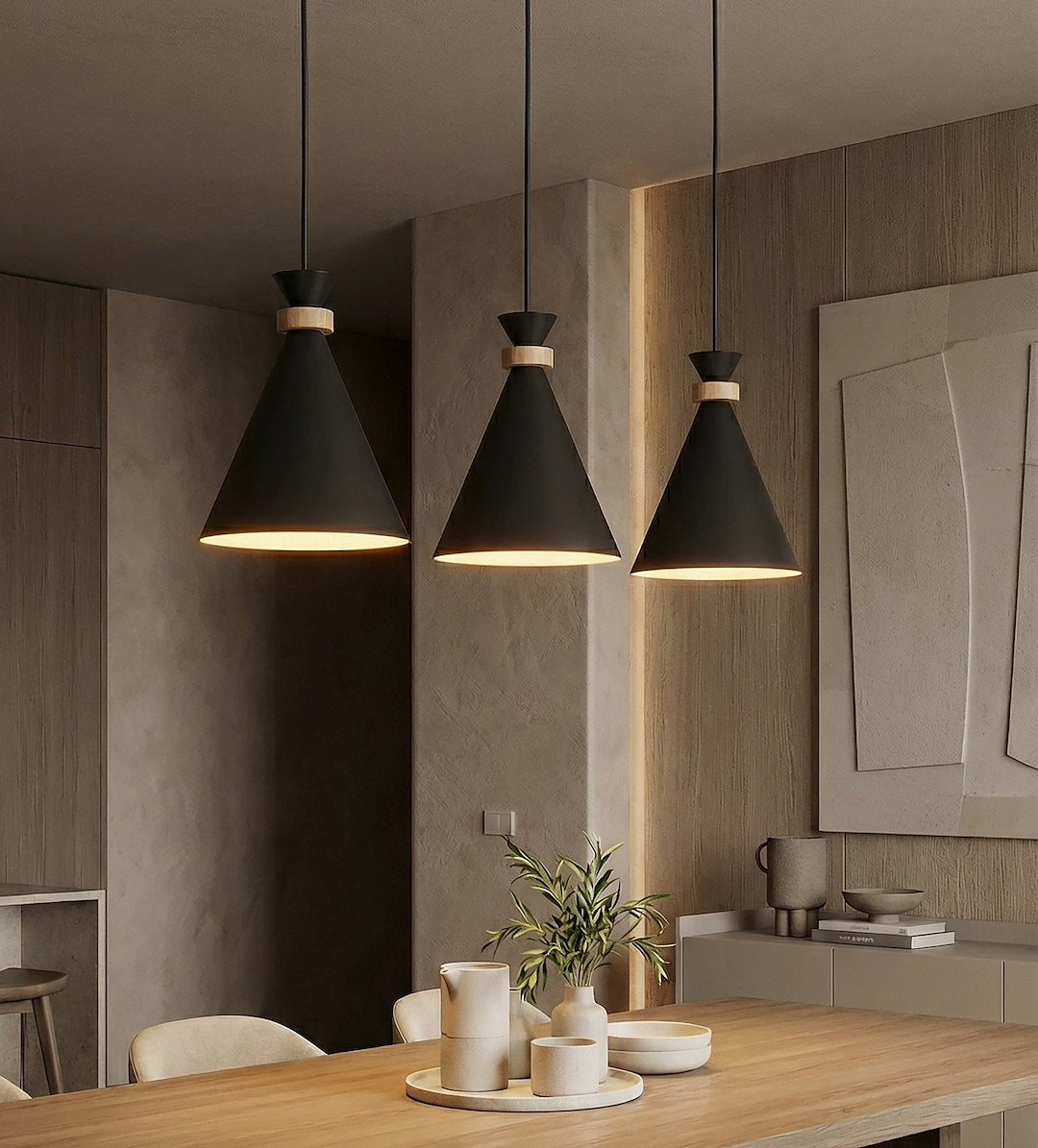 Suspension Zero 3 lumières noire, bois