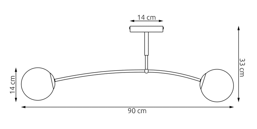 Schéma coté du plafonnier : largeur 90 cm, hauteur 33 cm, rosace 14 cm
