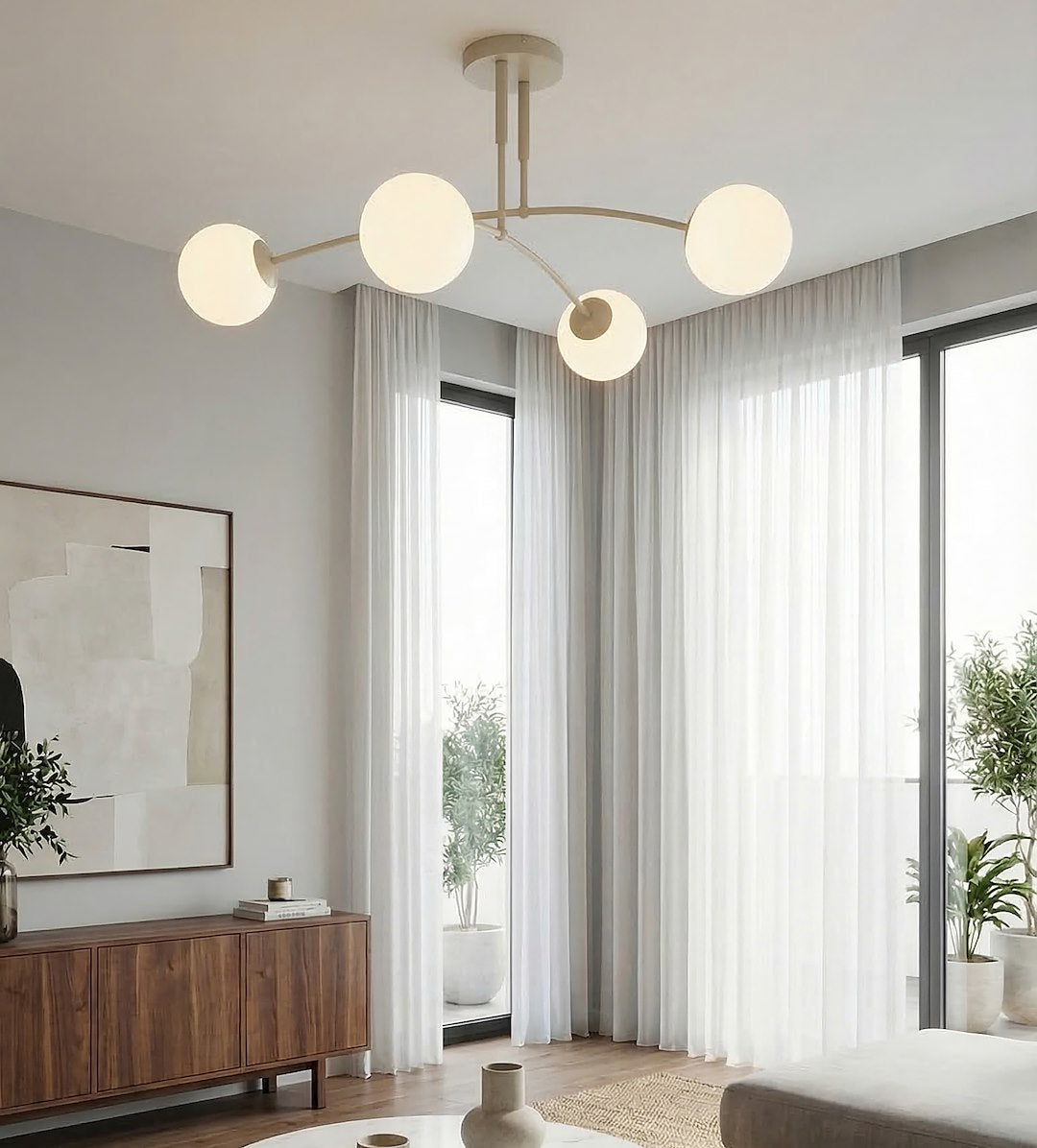 Plafonnier Pregos 4 lumières beige, verre blanc