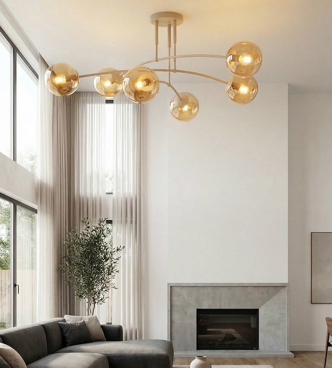 Plafonnier Pregos 6 lumières beige, verre ambré