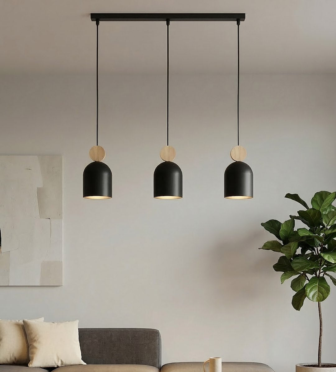 Suspension Mesi 3 lumières noire, bois, H 11 cm