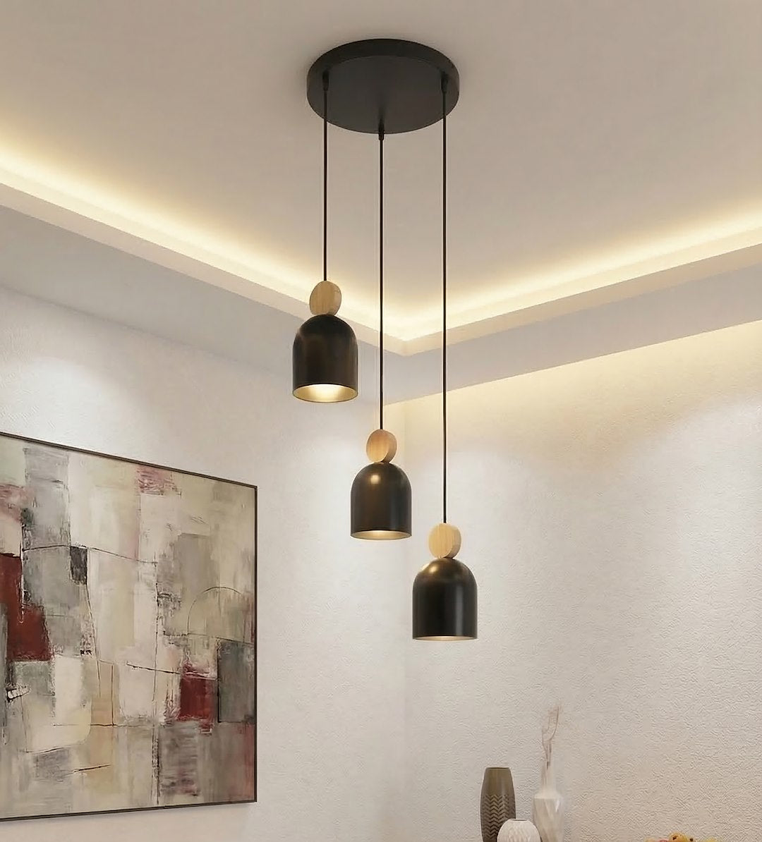 Suspension Mesi 3 lumières noire, bois, H 34 cm