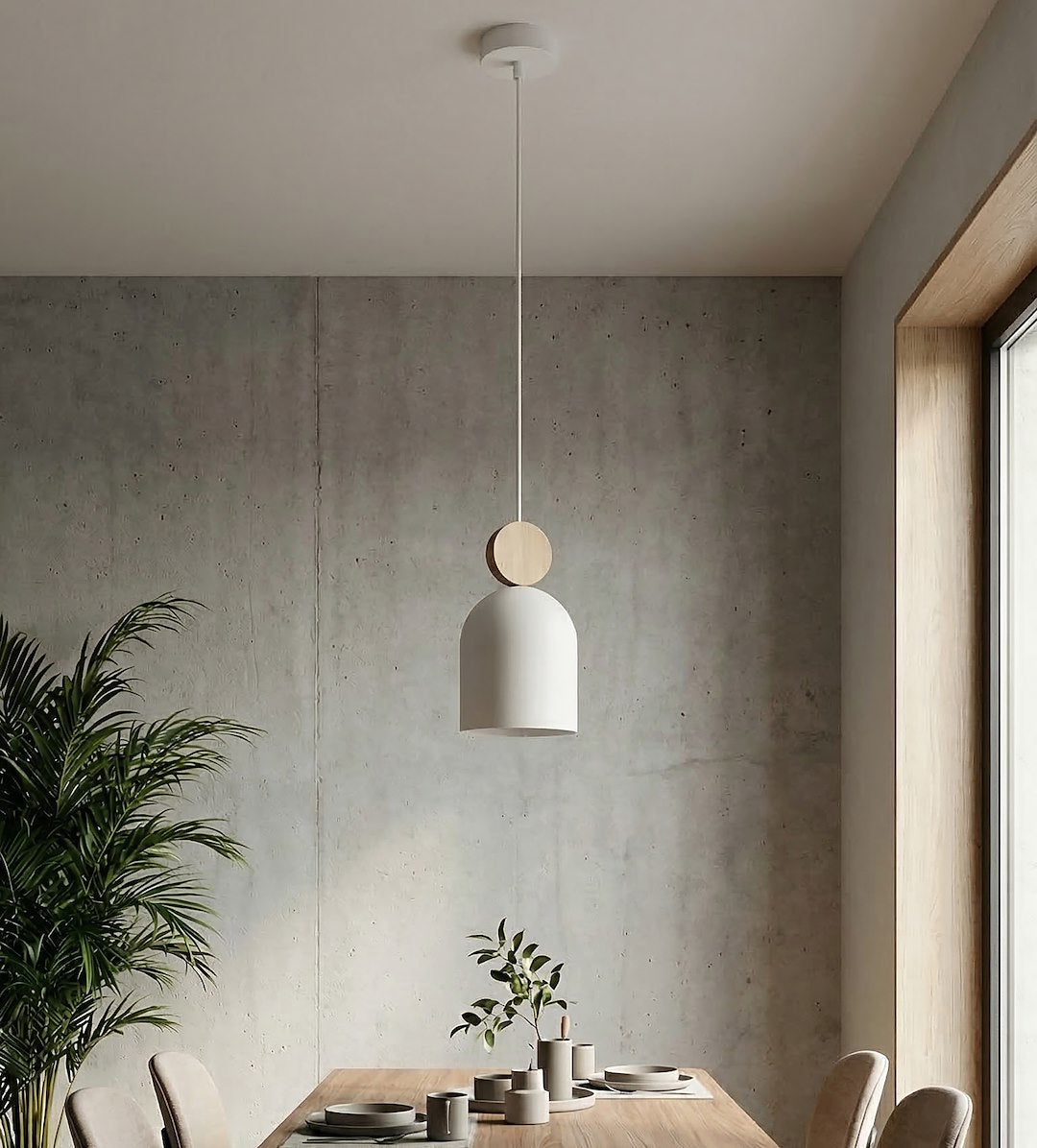 Luminaire suspendu sur fond de mur béton, table en bois dressée, ambiance industrielle et végétale.