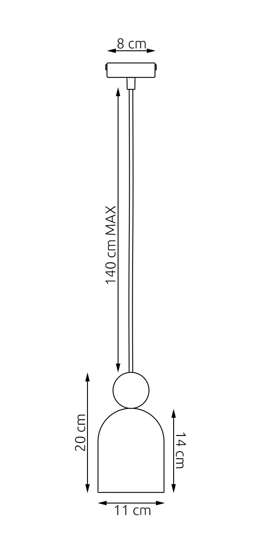 Schéma coté du luminaire : câble réglable 140 cm max, abat-jour 20 cm, diamètre 11 cm.