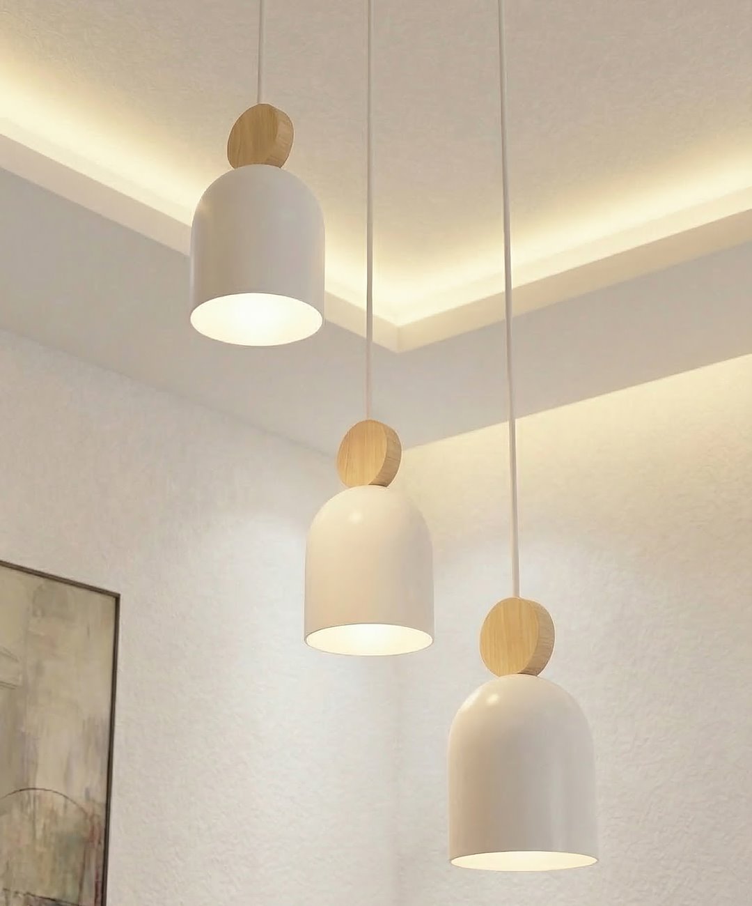 Suspension Mesi 3 lumières blanche, bois, H 34 cm