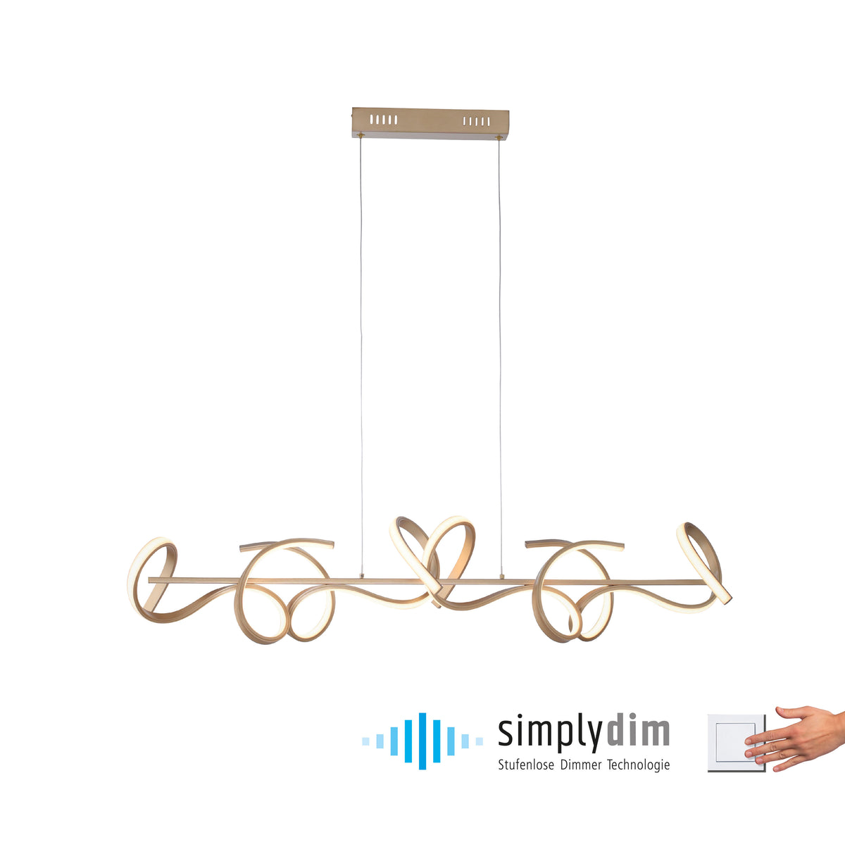 Luminaire sur fond blanc avec logo de variation et main actionnant un interrupteur mural.