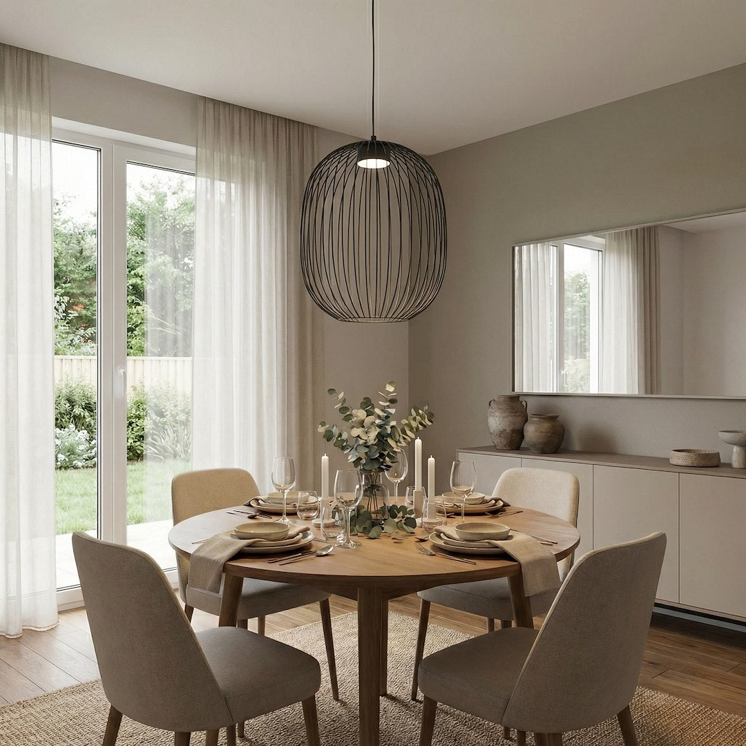 Mise en scène au-dessus d'une table ronde dressée, près d'une baie vitrée