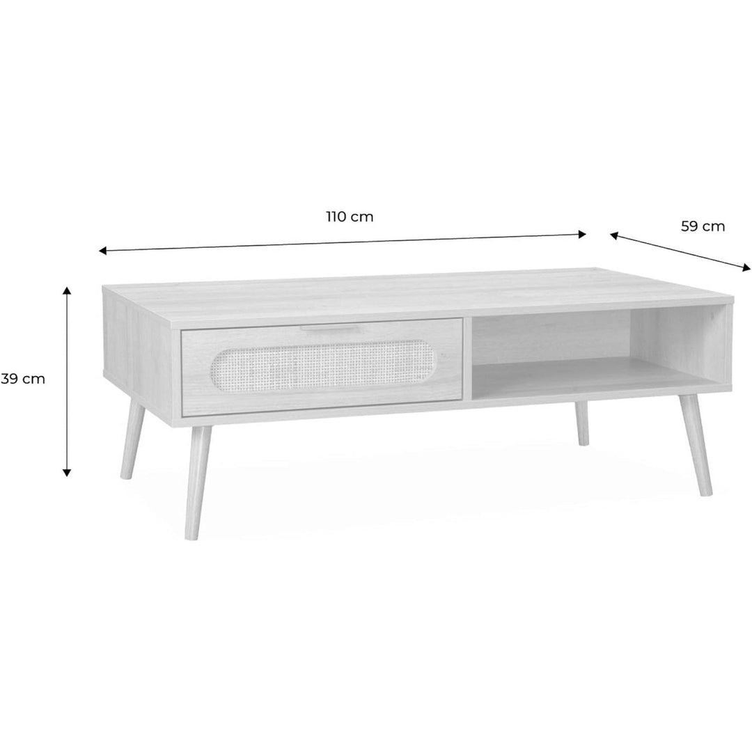 Alice'S Home - Table Basse. Eva. Scandinave En Cannage Arrondi Et En Décor Bois. 1 Tiroir Réversible L110 X L59 X H39Cm | Designix - Amazon    - https://designix.fr/