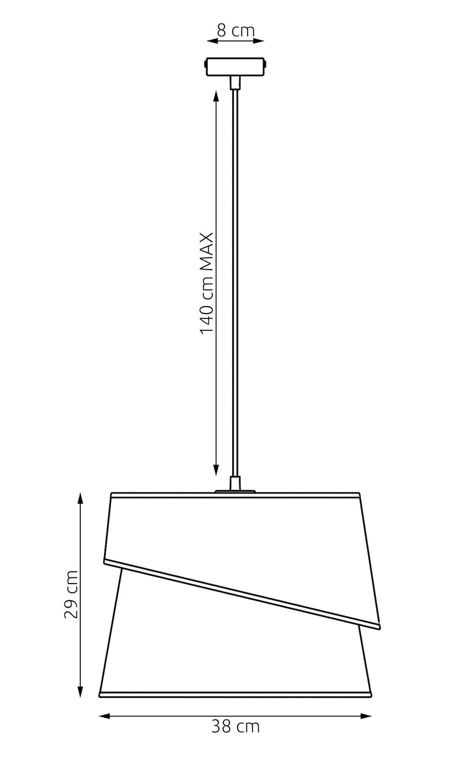 Schéma technique coté : hauteur 29 cm, diamètre 38 cm, câble 140 cm