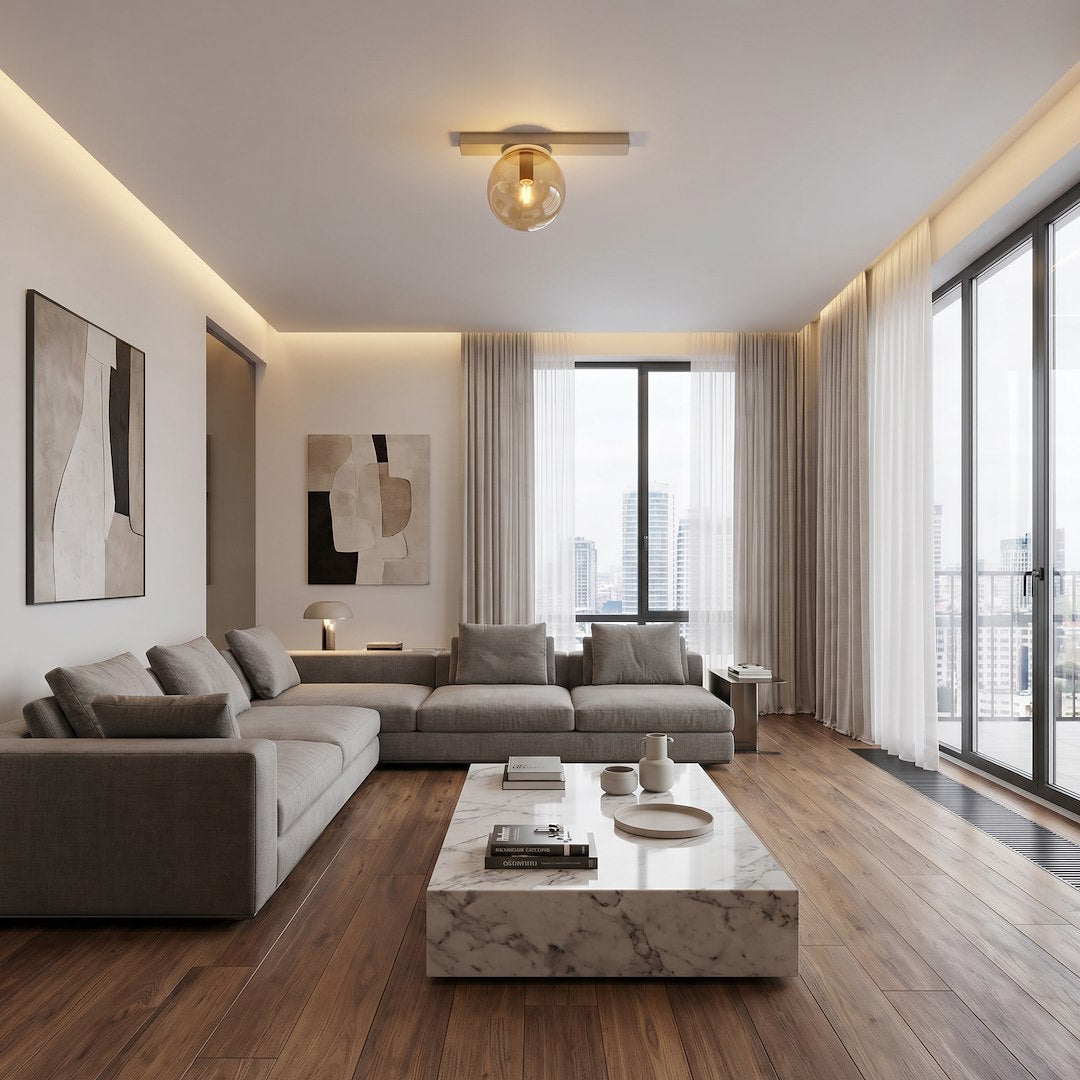 Mise en ambiance salon contemporain, plafonnier allumé au-dessus du canapé gris