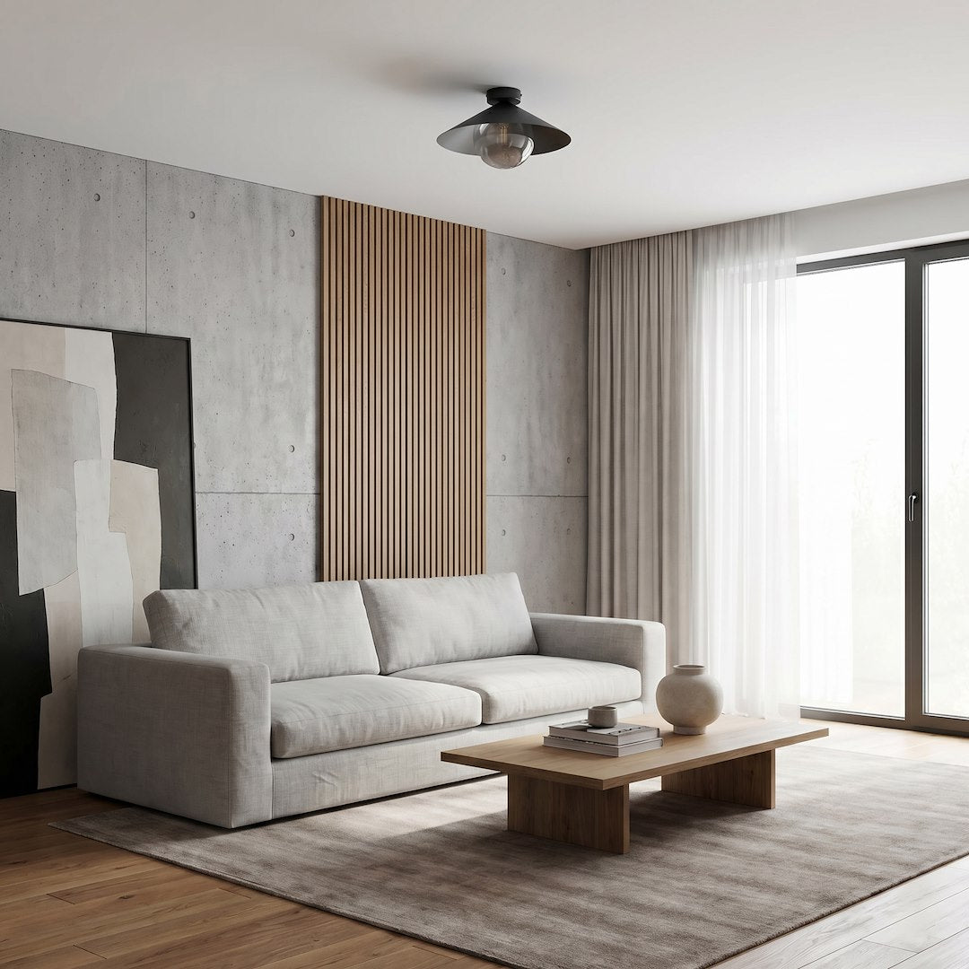 Mise en ambiance dans un salon contemporain, luminaire fixé au plafond blanc