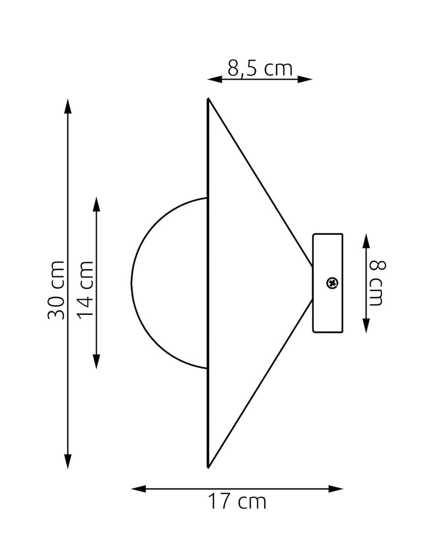 Schéma technique coté avec hauteur 30 cm, profondeur 17 cm et fixation