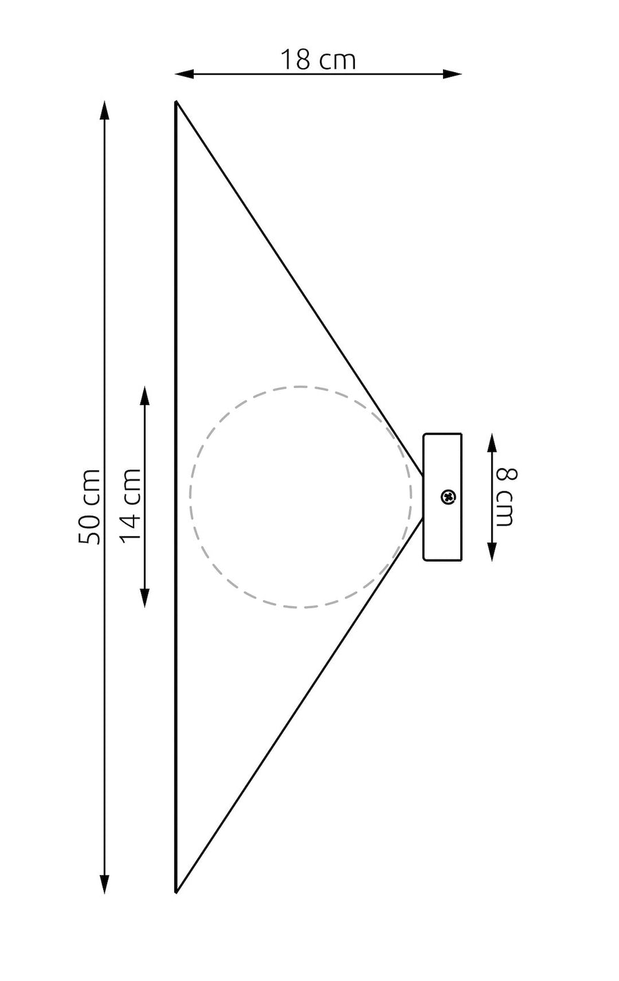 Schéma coté montrant 50 cm de hauteur, 18 cm de profondeur et 14 cm de globe.