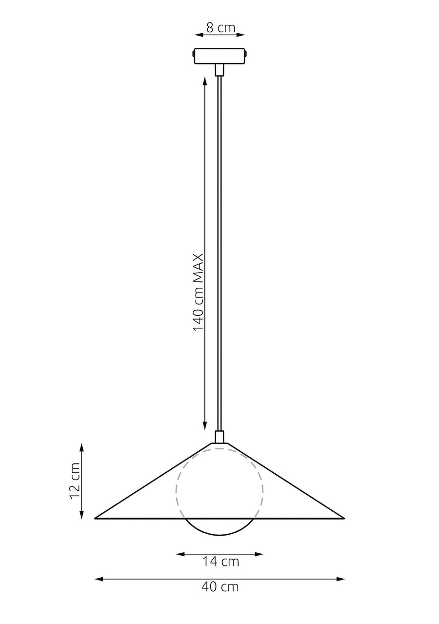 Schéma technique coté : câble 140 cm maximum et abat-jour de 40 cm