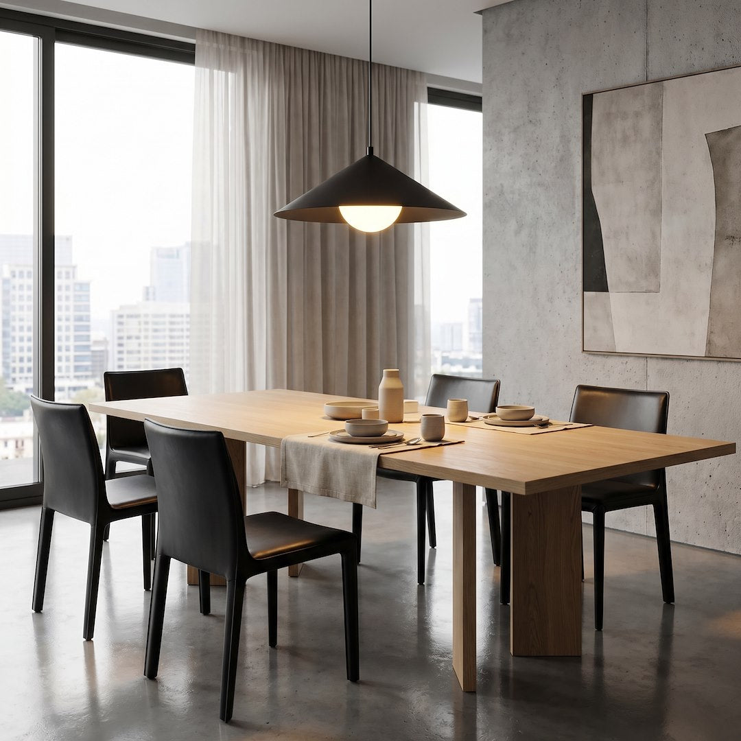 Mise en ambiance au-dessus d'une table à manger en bois, chaises noires