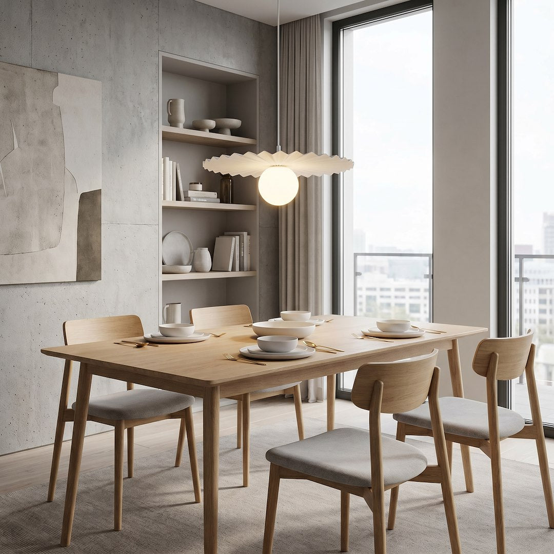 Mise en ambiance au-dessus d'une table à manger en bois dans un séjour minimaliste