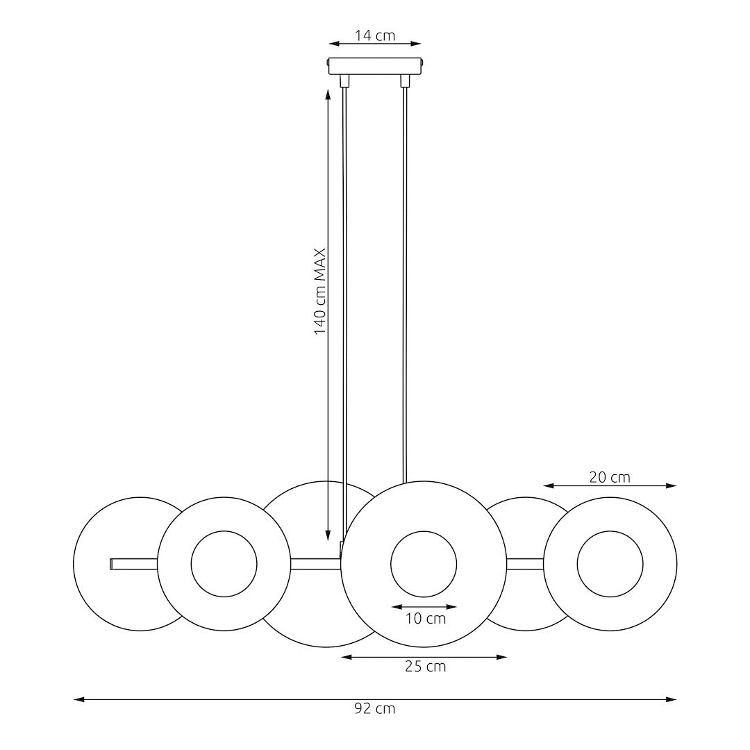 Schéma technique coté : hauteur maximale 140 cm, largeur 92 cm, diamètre des disques 25 cm.