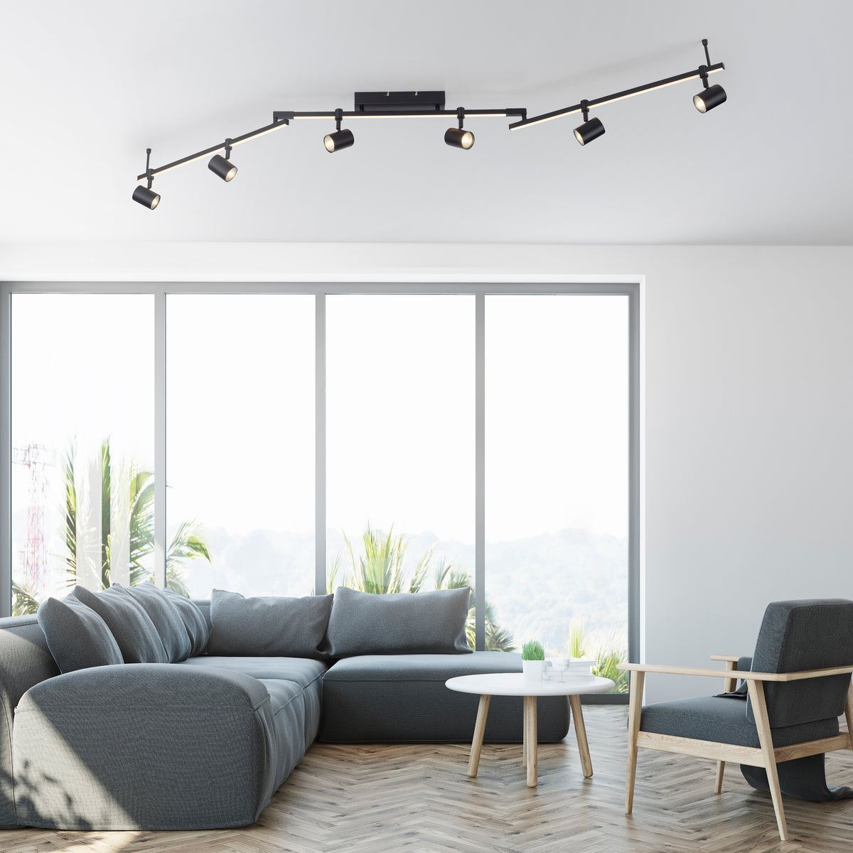 Mise en ambiance du plafonnier installé au-dessus d'un salon moderne.