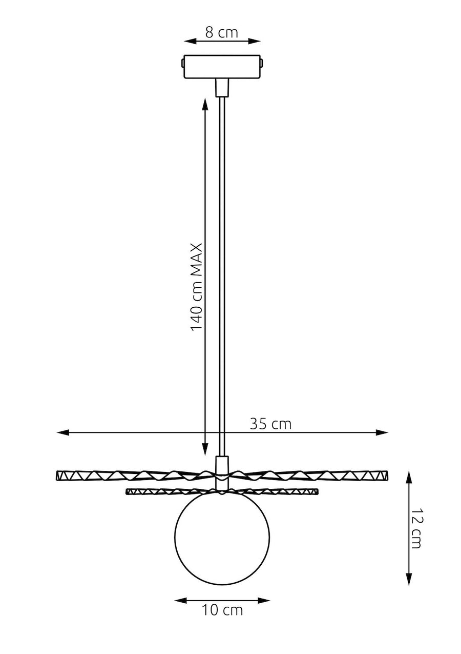 Schéma coté indiquant 35 cm de diamètre, 140 cm de câble et 12 cm