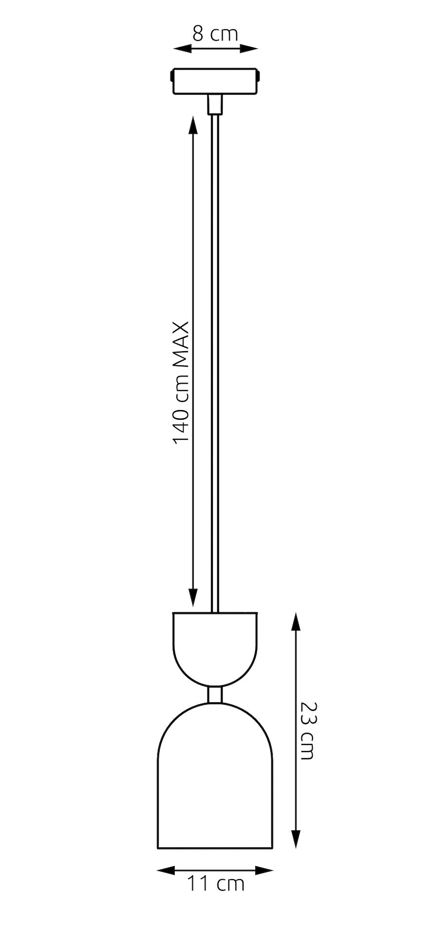 Schéma coté : base 8 cm, hauteur 23 cm, largeur 11 cm, câble 140 cm max.