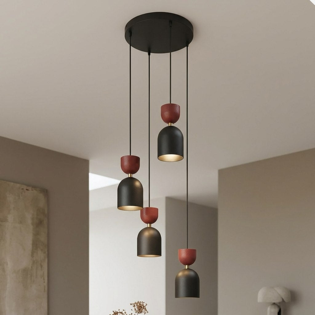 Suspension Gaudi 3 lumières noire et bordeaux, H 38 cm