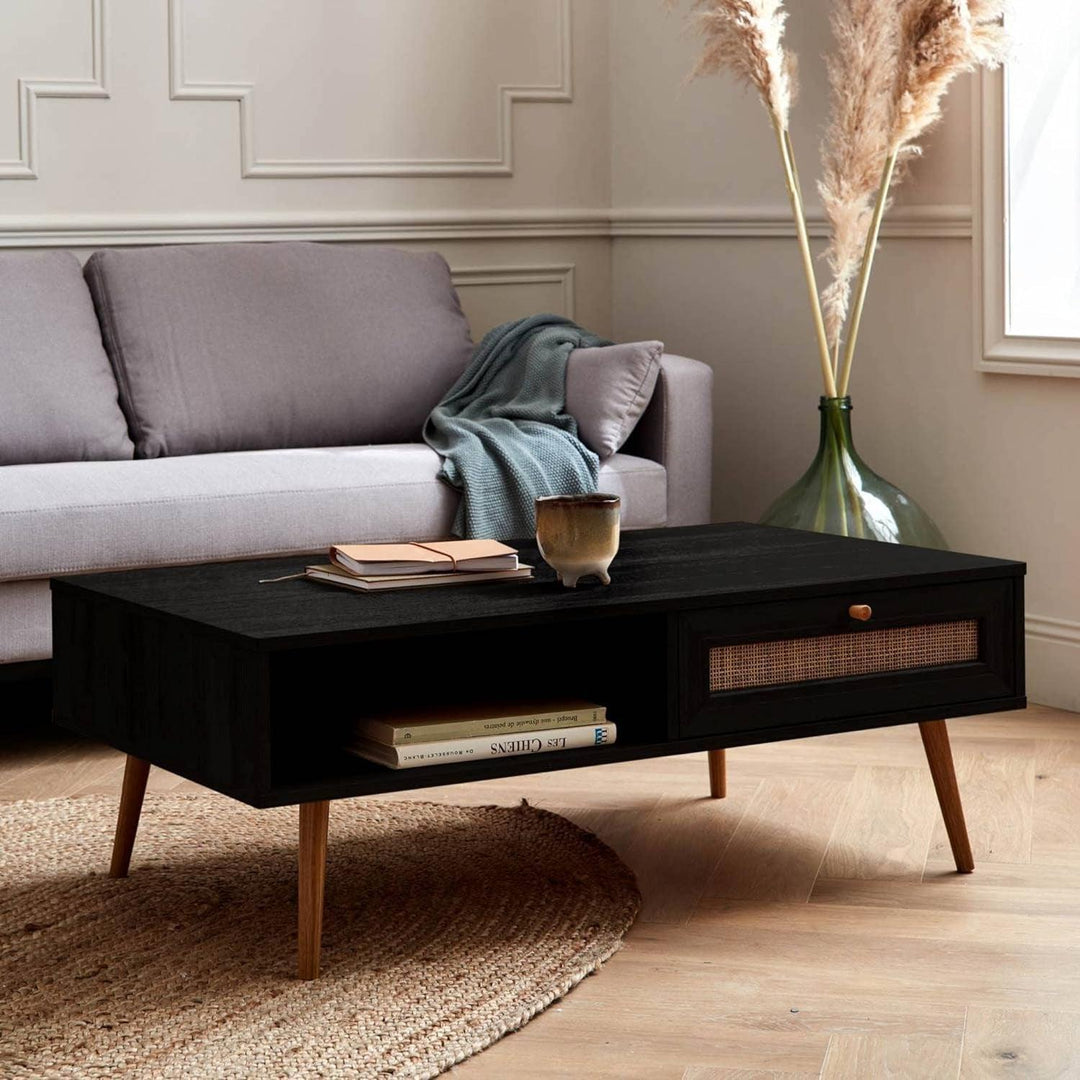 Alice'S Home - Table Basse En Cannage 110X59X39Cm - Bohème - Noir. 1 Tiroir. 1 Espace De Rangement. Pieds Scandinaves | Designix - Amazon    - https://designix.fr/