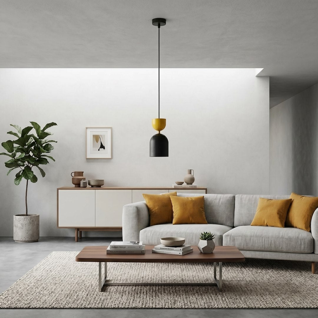 Mise en ambiance salon, suspension jaune et noire au-dessus d'un canapé gris avec plante