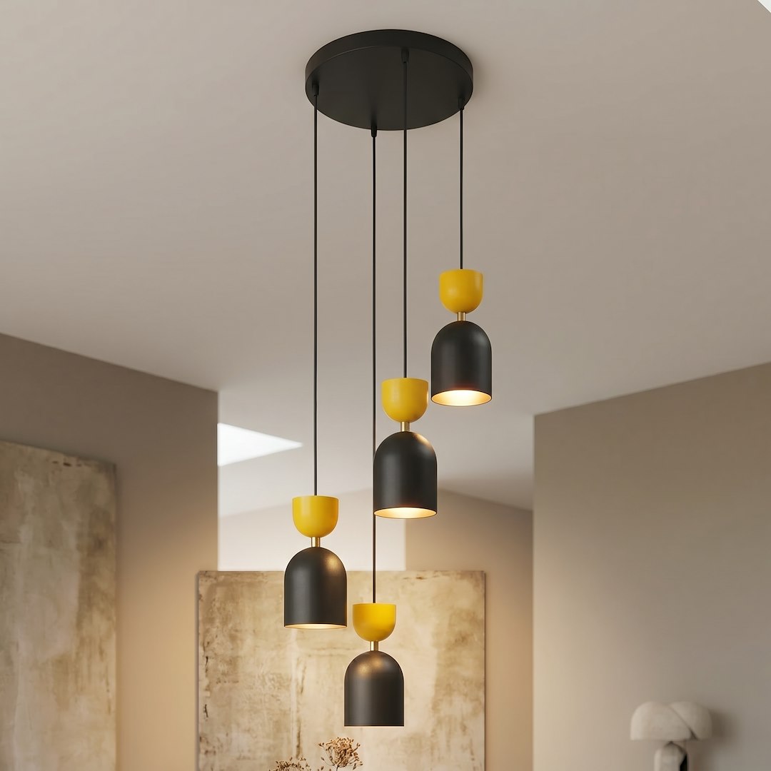Suspension Gaudi 3 lumières noire et orange, H 38 cm