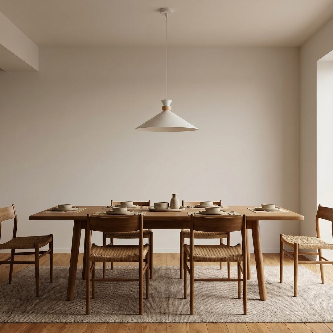Mise en ambiance au dessus d'une table à manger en bois dans une pièce claire