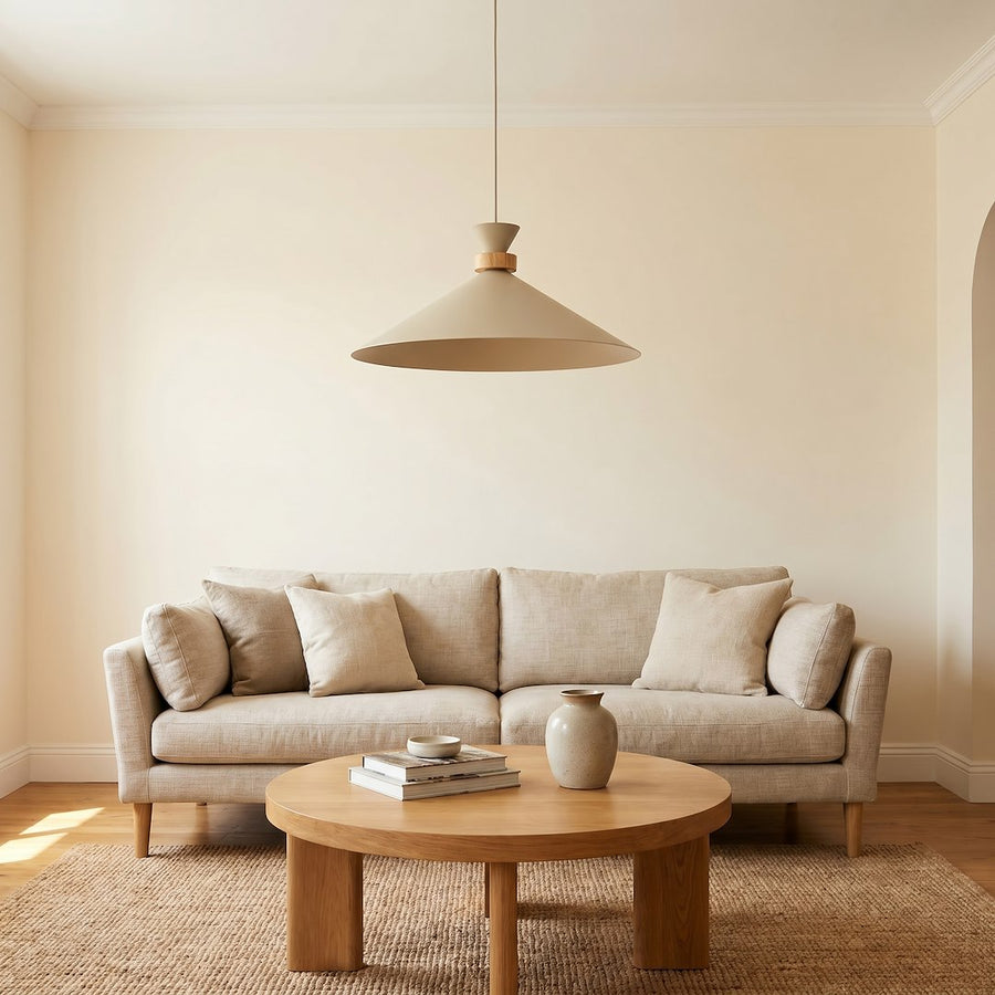 Suspension beige devant un canapé beige dans un intérieur épuré