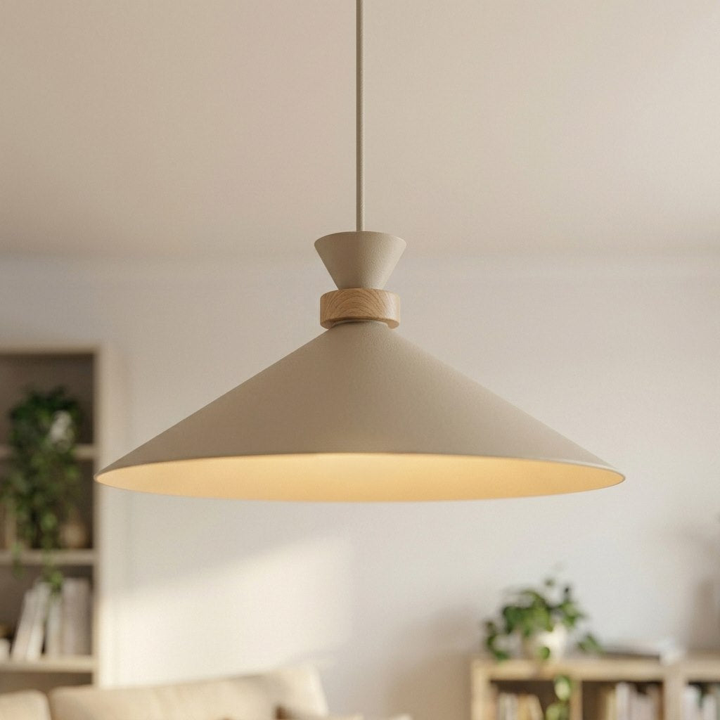 Détail rapproché de l'abat-jour conique beige et de la bague en bois.